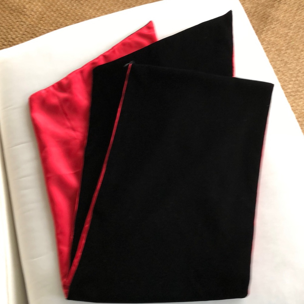 Black velvet and red satin shawl.